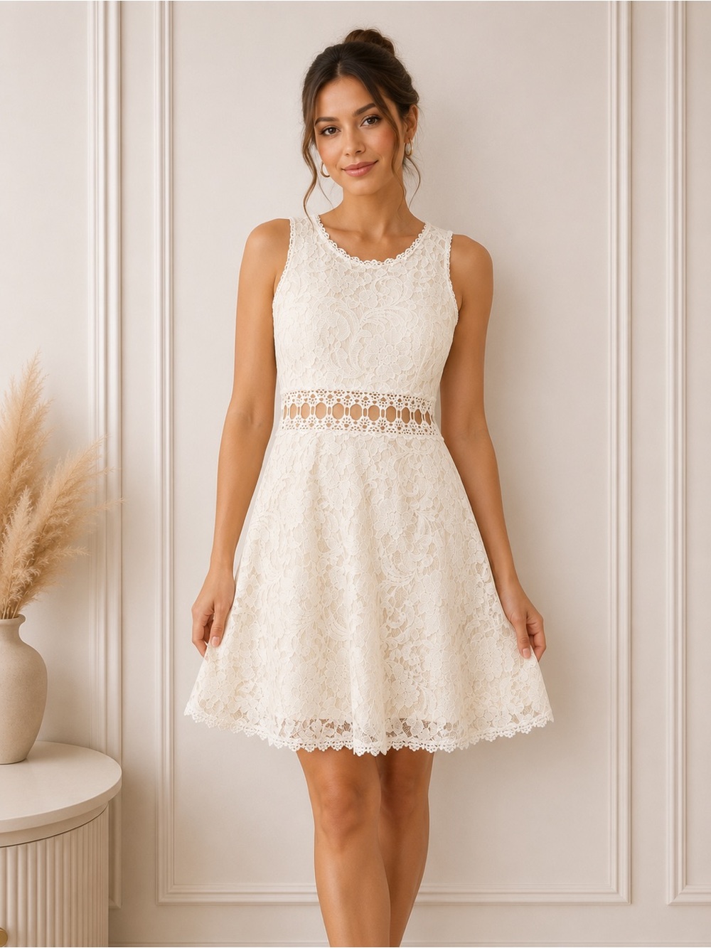 XTAREN Ivory Lace Fit & Flare Dress Size M Sleeveless Floral Crochet